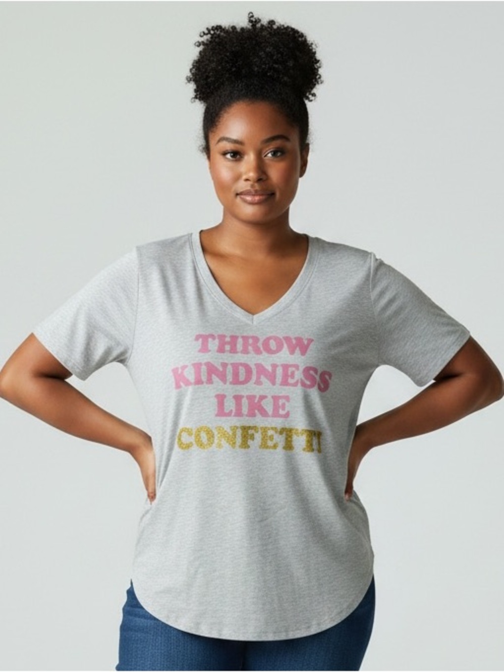 Mighty Fine Light Gray V-Neck Tee with Pink and Gold Graphic